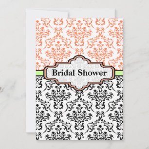 Svart korall lime damast bröllop brud shower inbjudningar