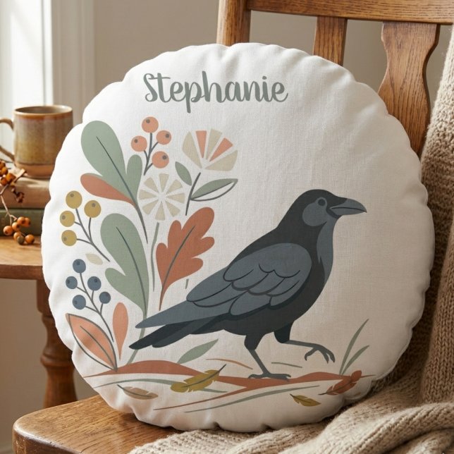 Svart Korp Fågel Botanisk Höst Rund Kudde (Black raven botanical round pillow)