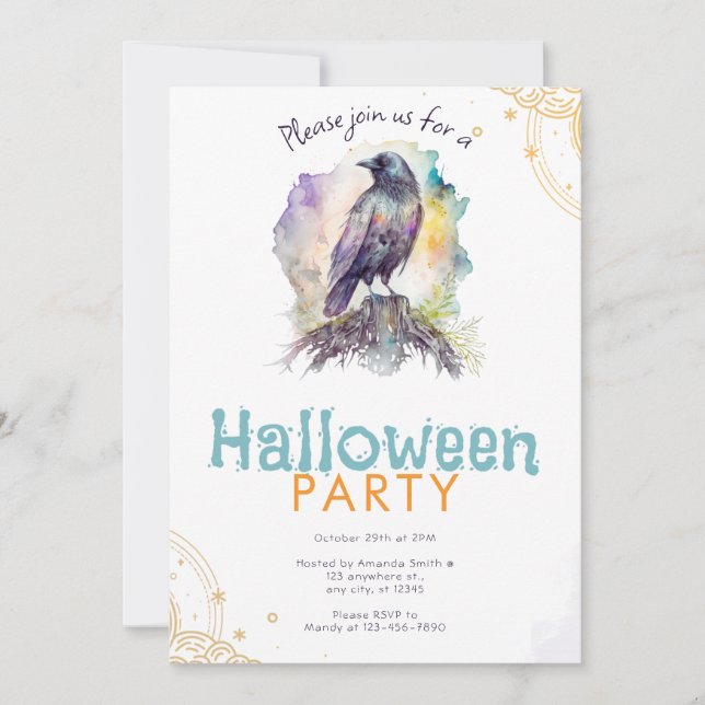 Svart Korp Guld och Pastell Halloweenfest Inbjudningar (Framsida)
