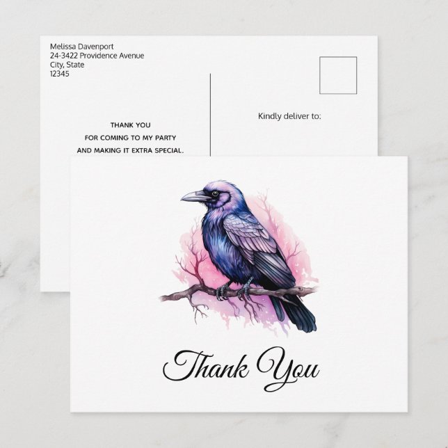 Svart korp på en gren illustration tack vykort (Fram/baksida)