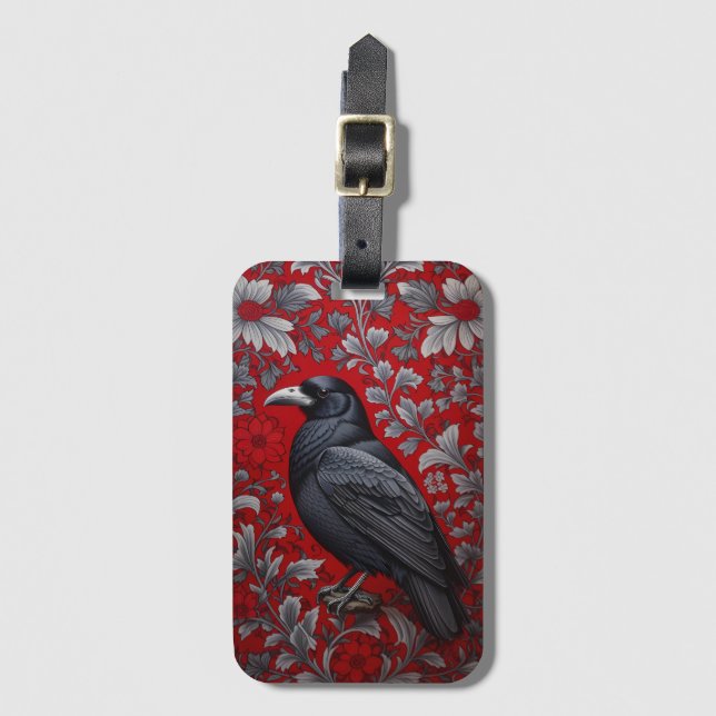 Svart Korp Röd Blommig William Morris Inspirerad Bagagebricka (Framsida vertikal)