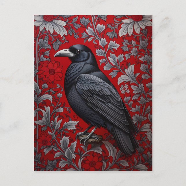Svart Korp Röd Blommig William Morris Inspirerad Vykort (Framsida)