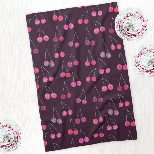 Svart körsbär vattenfärg mönster kökshandduk (Watercolor black cherries pattern kitchen tea towel)
