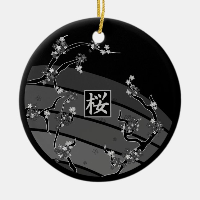 Svart körsbärsrött blommarträd julgransprydnad keramik (Framsidan)