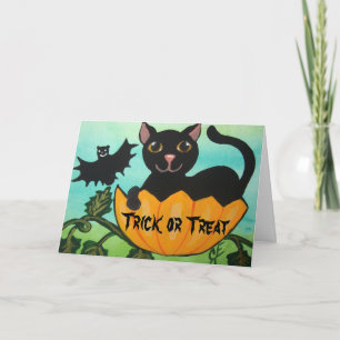 Svart kort för hälsning för kattHalloween pumpa