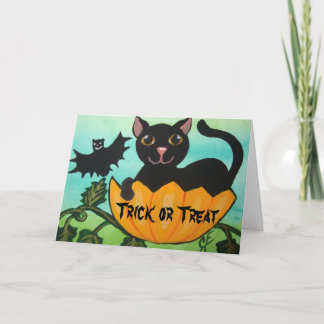 Svart kort för hälsning för kattHalloween pumpa
