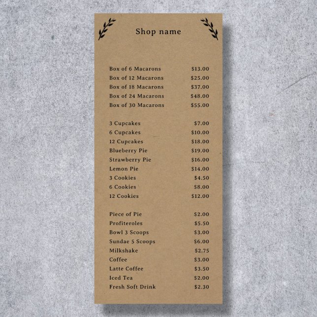 Svart, Kraft & Rustic-meny och Prist rackkort för  Reklamkort (Black, Kraft & Rustic Menu & Price List Rack Card)