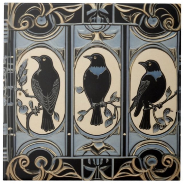 Svart Kråka Birds Art nouveau Art Deco Bird Kakelplatta (Black Crow Birds Art Nouveau Art Deco Bird Ceramic Tile)