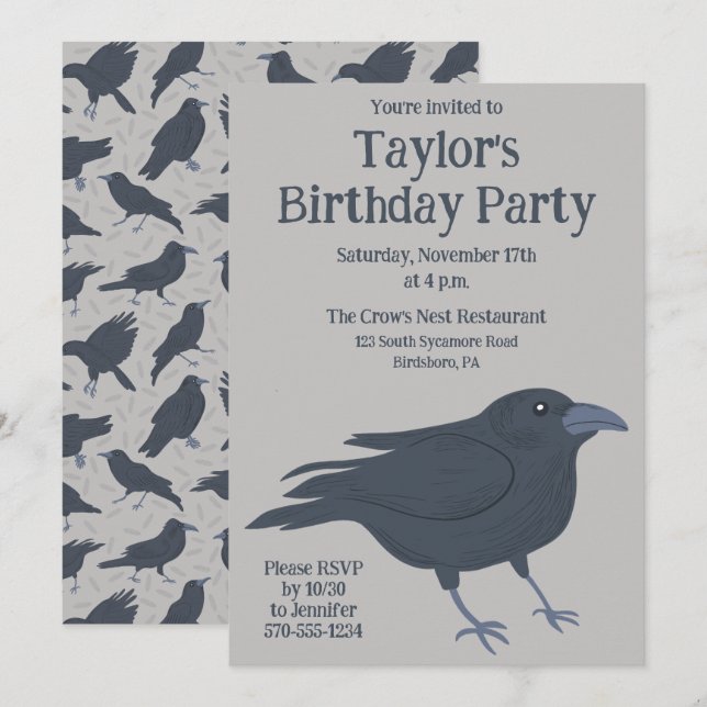 Svart Kråka Light Grått Anpassningsbar Party Inbjudningar (Fram/baksida)