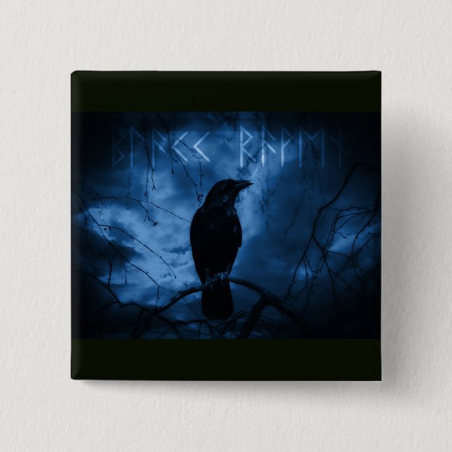 Svart Kråka med Runes Mörk Goth Stil Knapp (Framsida)