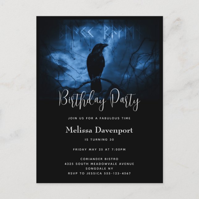 Svart kråka med runor Goth födelsedagsinbjudan Vykort (Framsida)