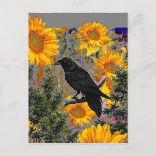 Svart kråka och solblommor vykort
