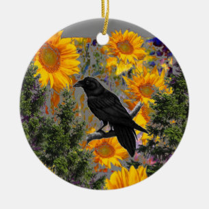 svart kråka- & solroskonst julgransprydnad keramik