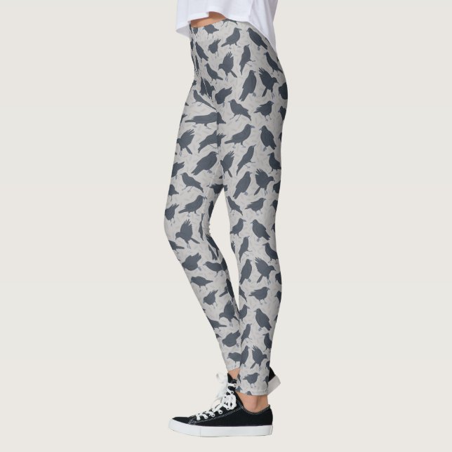 Svart Kråkor Fåglar Grått med mönster Leggings (Vänster)