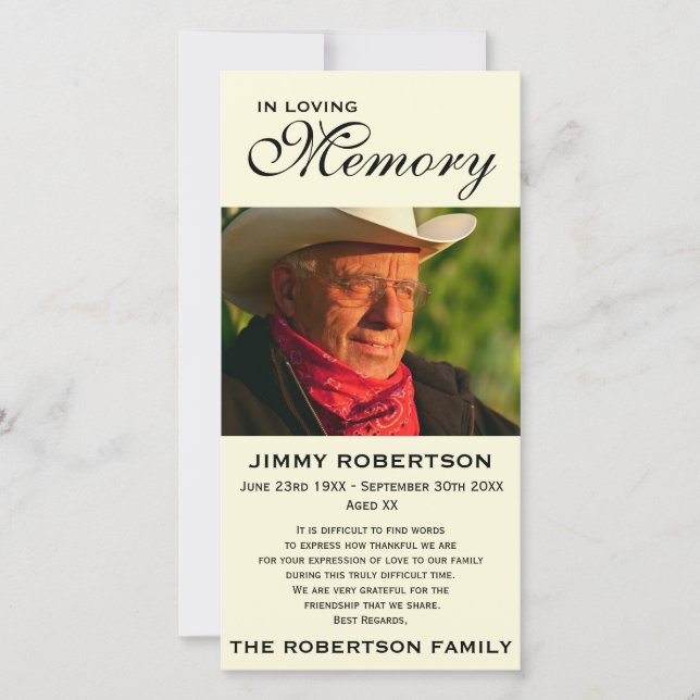 Svart & kräm- minnes- familjbekräftelse tack kort (Framsida)