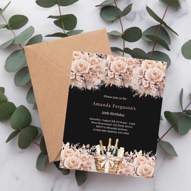 Svart kräm ro blommigt boho-födelsedagsinbjudan (Skapare uppladdad)