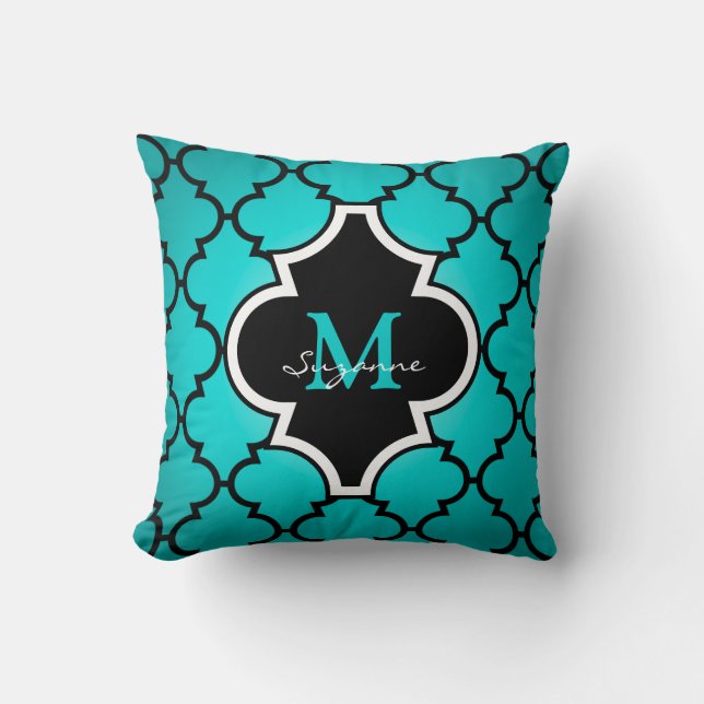 Svart kudder det Monogrammed Quatrefoil för Aqua Kudde (Framsida)