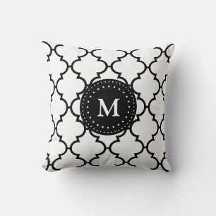 Svart kudder det Monogrammed Quatrefoil för vit Kudde