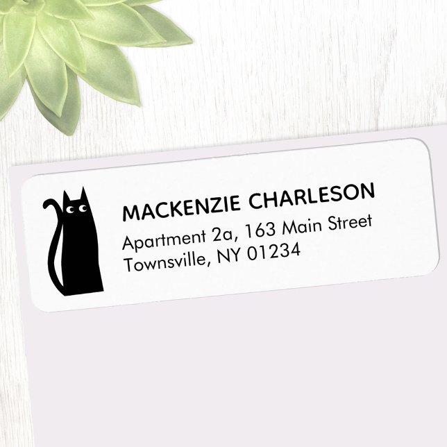 Svart kundreturadressetikett returadress etikett (Fun black cat return address label)