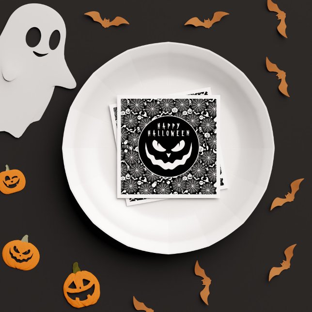 Svart Kuslig Pumpa Ansikte Glad Halloweenfest Pappersservett (Black Spooky Pumpkin Face Happy Halloween Party Napkins)