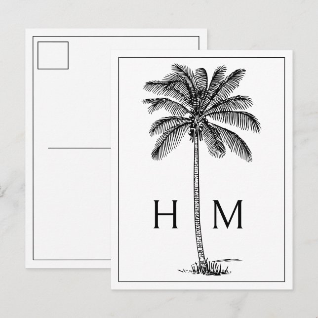 Svart kustpalmetto-palm monogram vykort (Fram/baksida)
