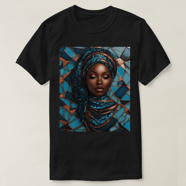 Svart Kvinna Blå Kopparmosaik T-Shirt (Design framsida)