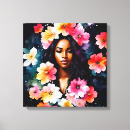 Svart kvinna, Blommigt för Multifärgad, vattenfärg Canvastryck