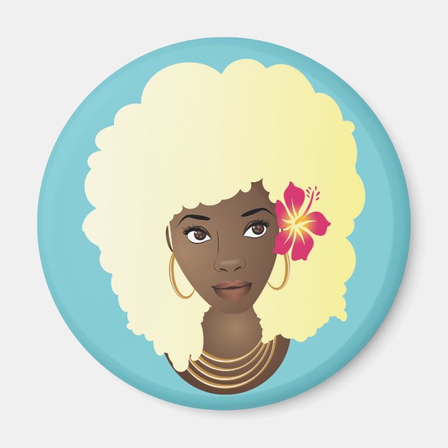 Svart kvinna, Blonde Afro, blomma i naturligt hår Magnet (Framsidan)