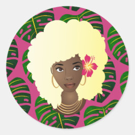 Svart kvinna, Blonde Afro, Tropiskt Löv, Rosa Runt Klistermärke