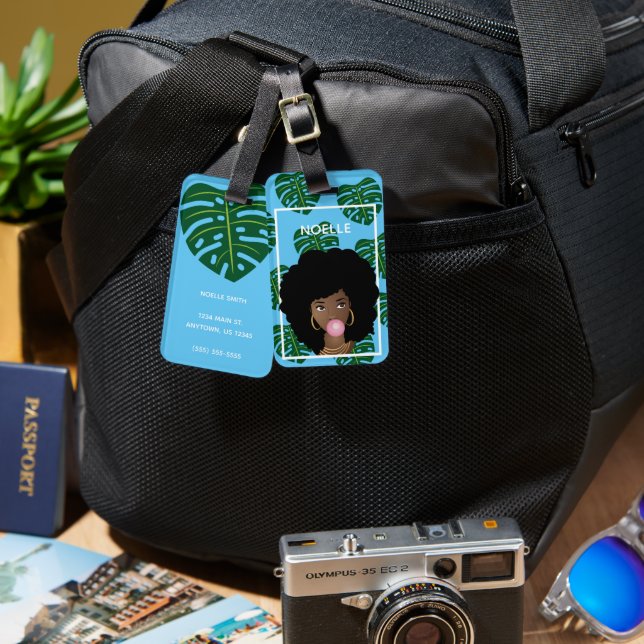 Svart kvinna, Bubblegum, Tropiska Löv, Blue Bagagebricka (Fram & Baksida)