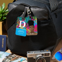 Svart kvinna, färgstarka tropiska Löv, blå Bagagebricka