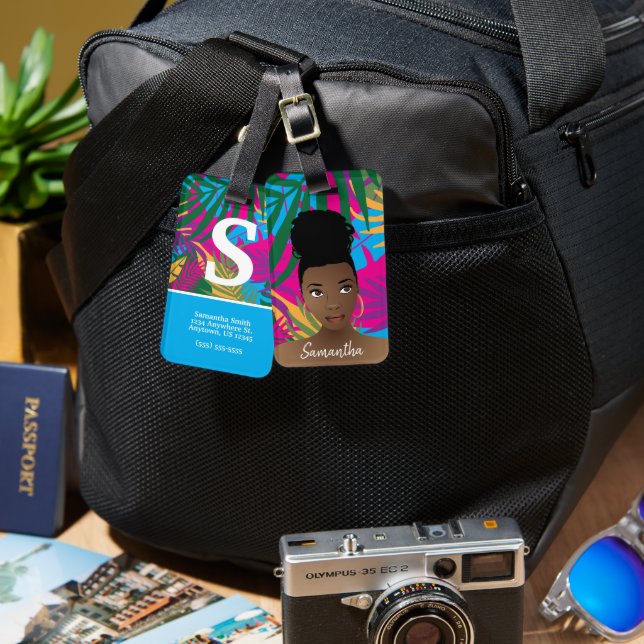 Svart kvinna, färgstarka tropiska Löv, blå Bagagebricka (Fram & Baksida)