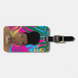 Svart kvinna, färgstarka tropiska Löv, Monogram Bagagebricka