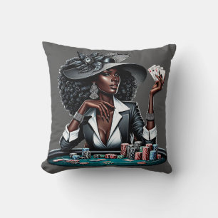 Svart kvinna Gambling Casino-kort Poker Chip Art Kudde