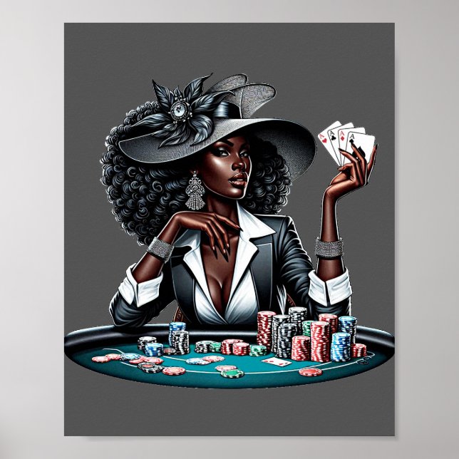 Svart kvinna Gambling Casino-kort Poker Chip Art Poster (Framsidan)