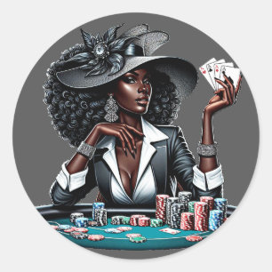 Svart kvinna Gambling Casino-kort Poker Chip Art Runt Klistermärke