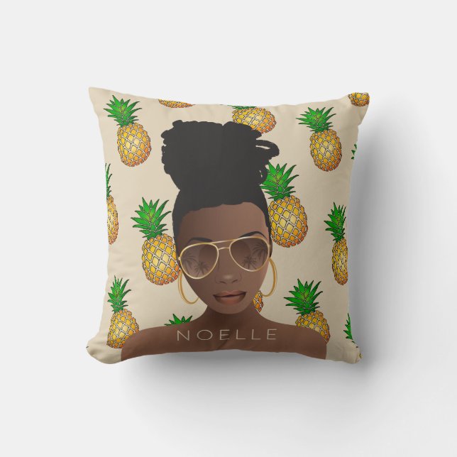 Svart kvinna, Guld Shades, Pineapple Mönster, Beig Kudde (Framsida)