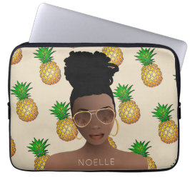 Svart kvinna, Guld Shades, Pineapple Mönster, Beig Laptop Fodral