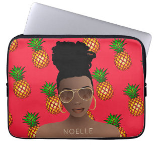 Svart kvinna, Guld-skuggor, ananas Mönster, röd Laptop Fodral