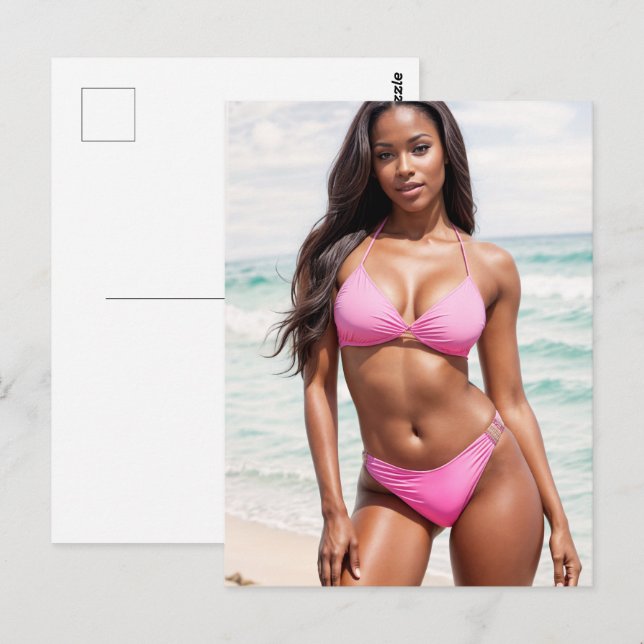 Svart kvinna i Rosa Bikini Vykort (Fram/baksida)