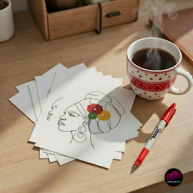 Svart kvinna Linje konst Huvudduk Blommor Vykort (Message ready. Pride attached.)