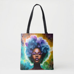 Svart kvinna med afro-hår i glasögon Galaxy Art Tygkasse