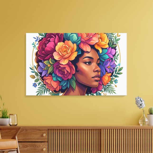 Svart kvinna med blommande afroinspirerande canvastryck (Insitu (Vardagsrum))