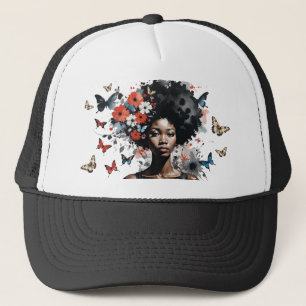 Svart kvinna med Blommigt Afro och Butterflies Keps