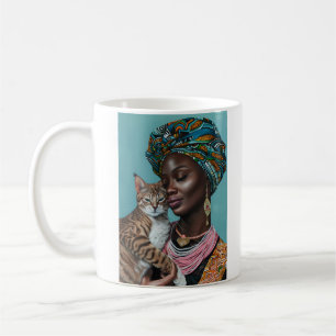 Svart kvinna med katt kaffemugg
