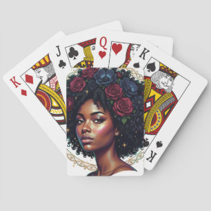 Svart kvinna Mörka blommor Afro Casinokort