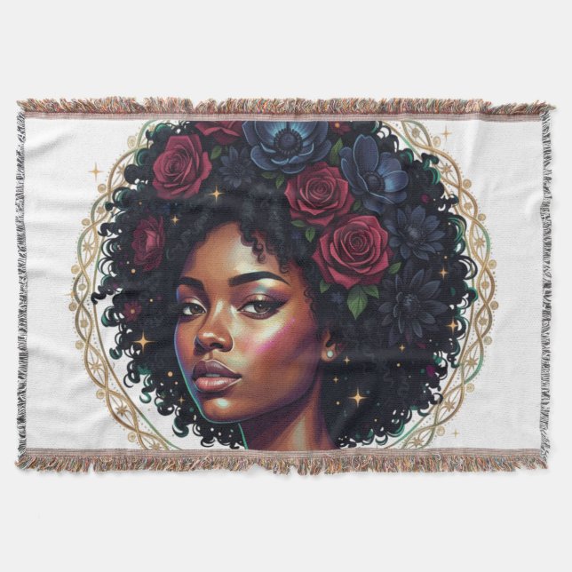 Svart kvinna Mörka blommor Afro Filt (Framsidan)