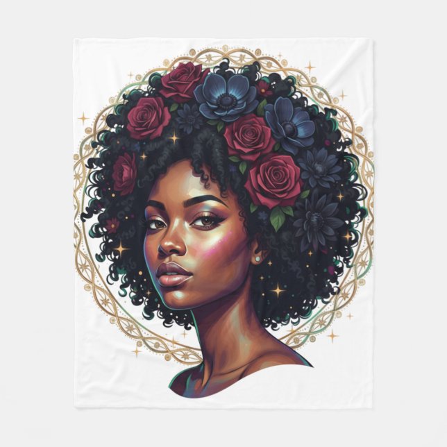 Svart kvinna Mörka blommor Afro Fleecefilt (Framsidan)