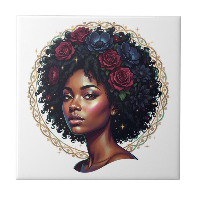 Svart kvinna Mörka blommor Afro Kakelplatta (Framsidan)