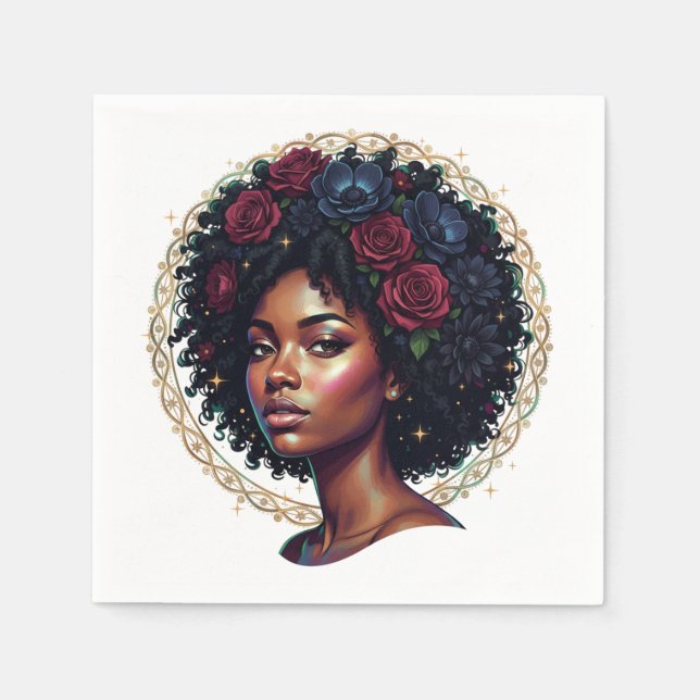 Svart kvinna Mörka Blommor Afro Pappersservett (Framsidan)